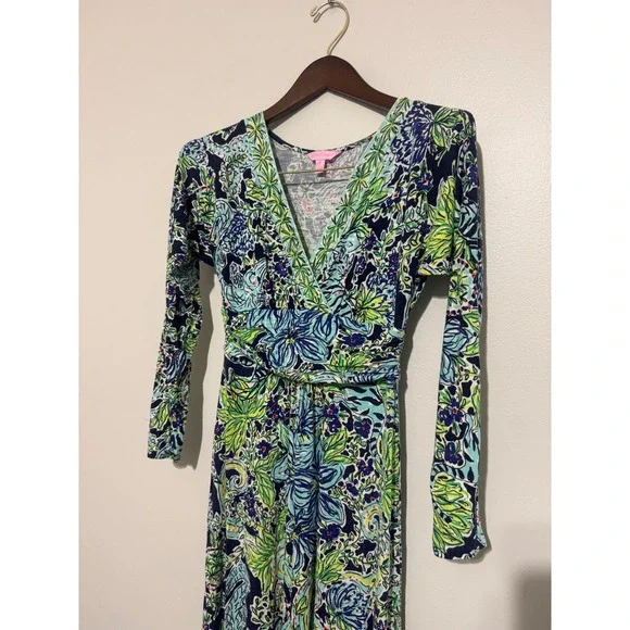 Lilly Pulitzer Riana Maxi Dress Blue Green Tropical Floral V-Neck Long Sleeve XS - Picture 4 of 10